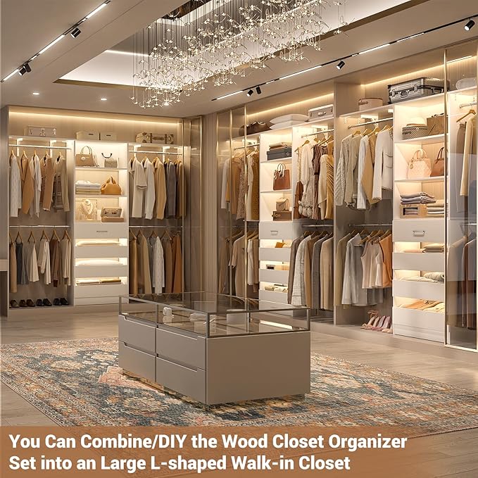 Aheaplus Closet System with 4 Drawers, 8FT Wood Closet Organizer System, 96’’ Walk-in Closet Wardrobe with Tower, 4 Hang Rods, 2 Top Shelves, Built In Closet Insert System, Fits Spaces 4-9 ft, White