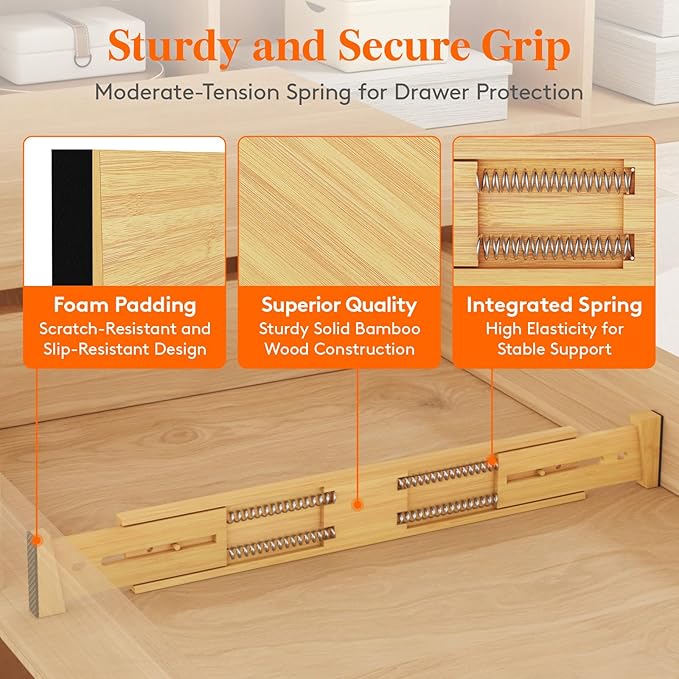 Lifewit 2.4" High 6 Pack Bamboo Drawer Dividers 45-55cm/17.5-22" Adjustable Wooden Drawer Organizer for Clothes/Utensils, Expandable Drawer Separator for Dresser/Kitchen/Bedroom/Office Organization