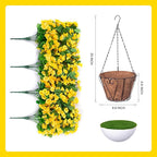 Artificial Faux Hanging Flowers Basket for Spring Summer Outdoor Porch Decor, Fake Silk Colorful Morning Glory Eucalyptus in Planter UV Resistant Look Real for Home Balcony Yard(Yellow)