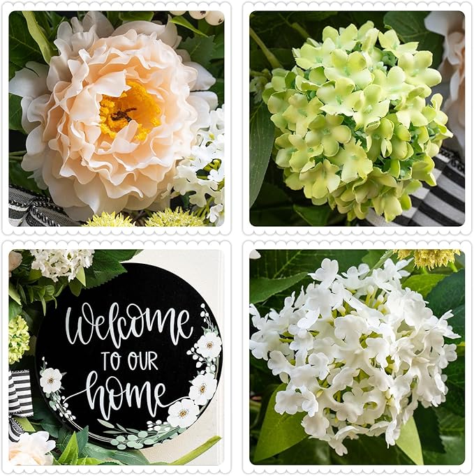 Spring Summer Wreaths for Front Door, Half Circle Summer Wreath with Hydrangea & Peony, Striped Bow & Welcome Sign – 24 Inch Indoor/Outdoor Seasonal, Housewarming & Festive Spring Door Wreath Decor