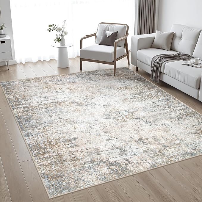 8x8 Area Rug Living Room Rug: Washable Modern Abstract Soft Thin Rug Indoor Floor No Slip Stain Resistant Carpet for Bedroom Dining Room Farmhouse Nursery Home Office - Brown Grey