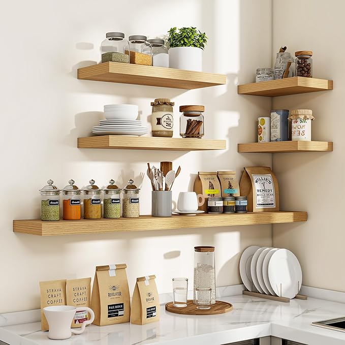 Acovy 24 Inch Floating Shelves, 3D Textured Wood Grain, 24"x9.25"x1.5" Inch Deep Floating Shelves for Wall, Wooden Shelves for Bathroom, Bedroom, Living Room, Natural, 2 Pieces