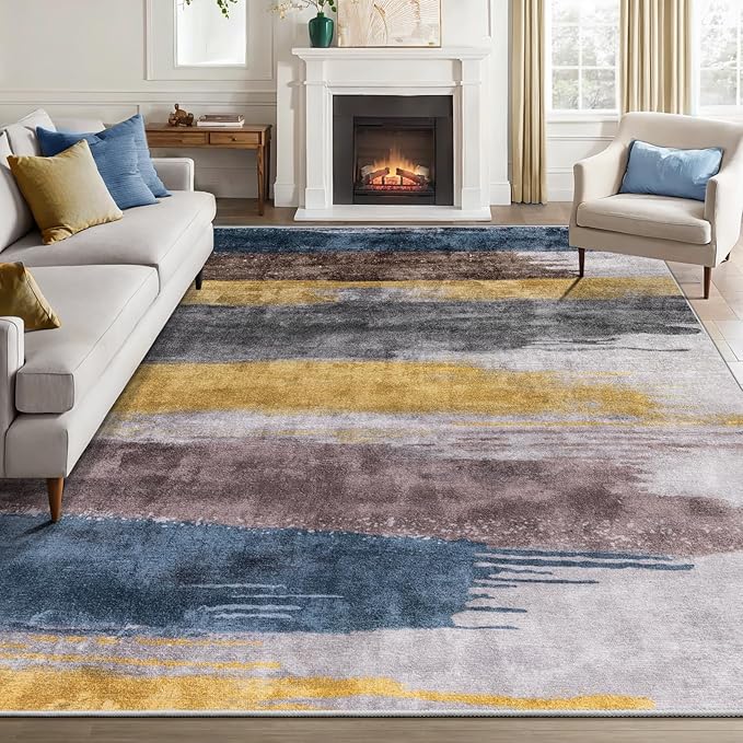 Ciicool Modern Abstract Yellow Grey Rug for Living Room, 8'x10' Machine Washable Area Rug Non-Slip Rug, Low-Pile Contemporary Indoor Dining Floor Carpet for Bedroom Office Under Table Home Decor