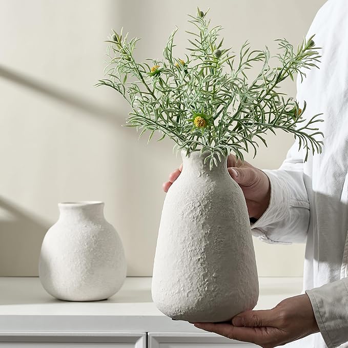 Ceramic Vase Set of 2 for Home Decor, 6.1"+8.23" Handcrafted Off-White Rustic Terracotta Vases, Vintage Farmhouse Decor, Minimalist Decorative Vases for Table Centerpiece Fireplace Nightstand