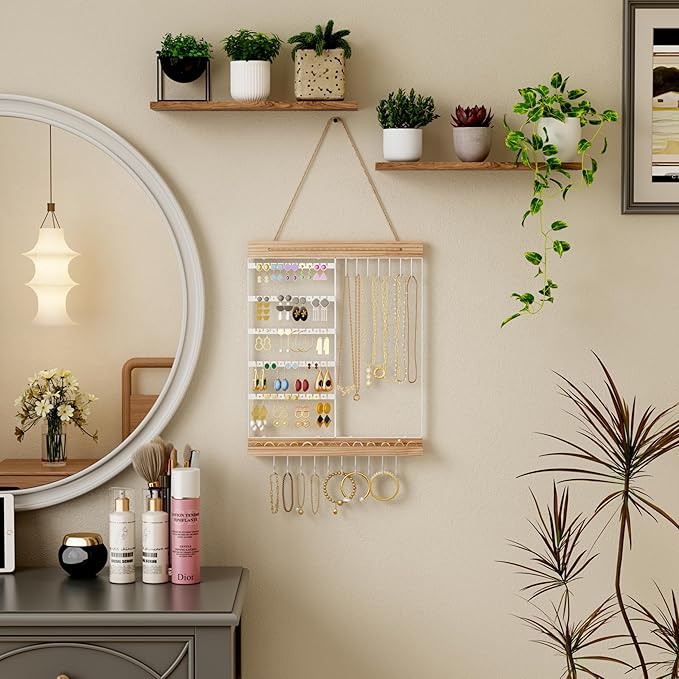 Hanging Jewelry Organizer and Storage, 5-Tier White Earring Necklace Holder Jewelry Display Organizer Stand Rack, Wall Mounted for Earrings Necklaces Bracelets and Rings, White