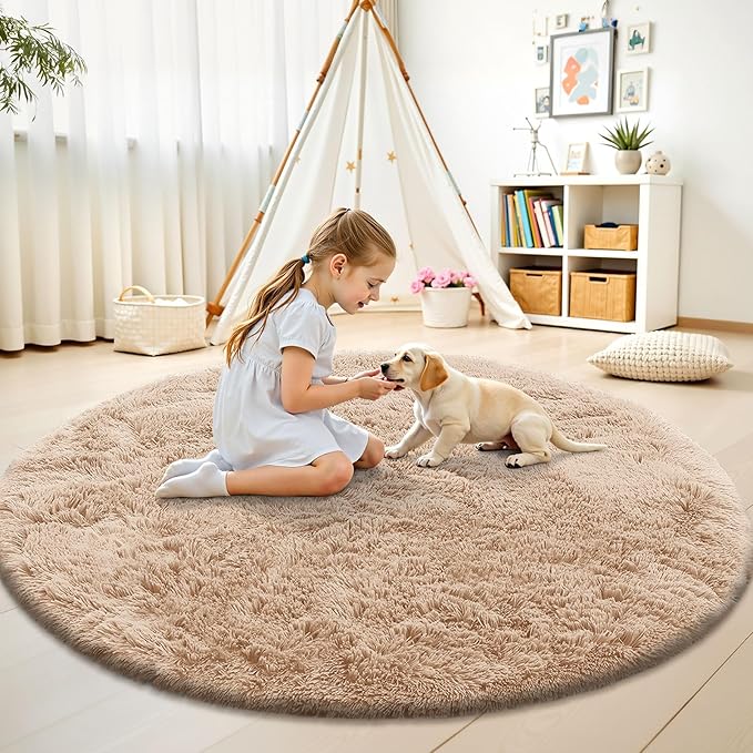 OLANLY Beige Round Rugs for Bedroom - Machine Washable, 8 ft Circle Area Rugs for Living Room, Soft and Fluffy Shaggy Carpet for Teen Girls and Boys, Nursery Rooms, Dorms, Home Decor Aesthetic