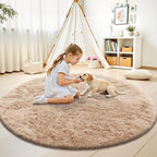 OLANLY Beige Round Rugs for Bedroom - Machine Washable, 8 ft Circle Area Rugs for Living Room, Soft and Fluffy Shaggy Carpet for Teen Girls and Boys, Nursery Rooms, Dorms, Home Decor Aesthetic
