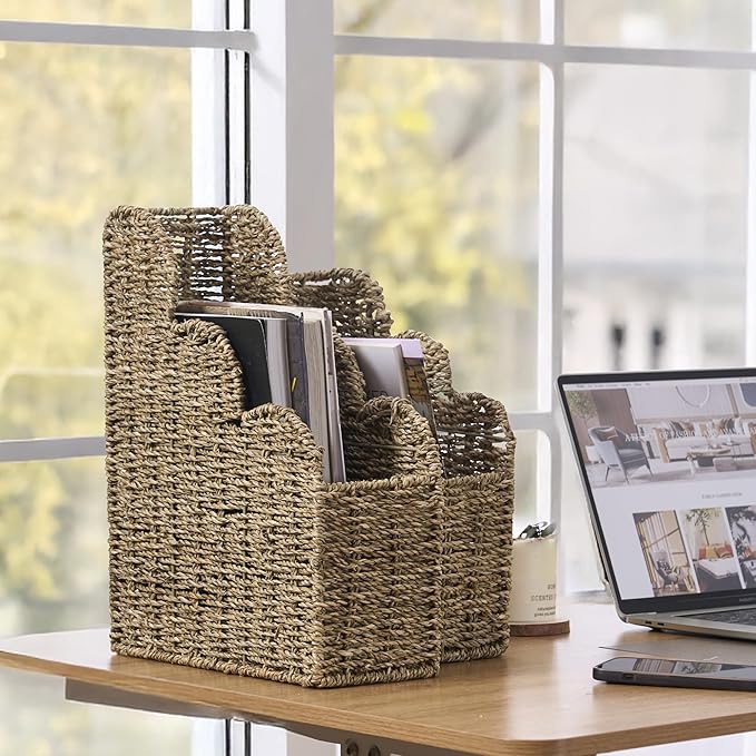 BROWNLILY Scalloped Magazine Holder Set of 2 - Natural Handwoven Seagrass Book Baskets for Bedroom, Bathroom, Living Room, Home, Office - Home Organization and Storage