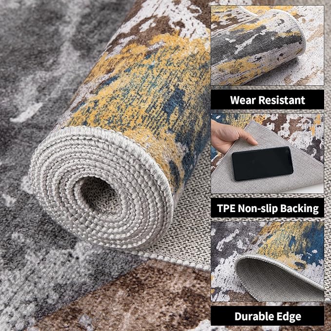 Ciicool 2x6 Washable Runner Rug, Modern Abstract Hallway Rugs Runner, Non-Slip Thin Accent Rug Lightweight Blue Grey Print Distressed Carpet for Laundry Entryway Bedroom Kitchen Bathroom Indoor