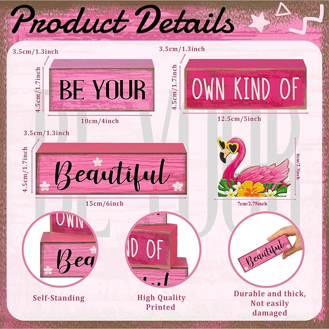 Lineshading 4 Pcs Summer Table Decor Wooden Pink Flamingo Tropical Tiered Tray Decor Pink Summer Centerpieces Rustic Wood Flamingo Block Signs for Home Kitchen Office Decorations