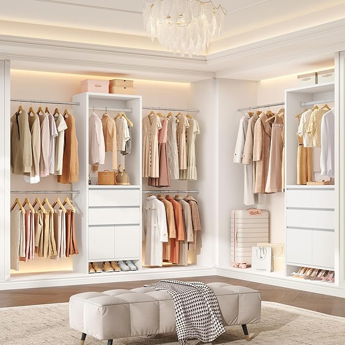 Closet System, Closet Organizer System with 4 Hang Rods, Walk-in Wooden Storage Systems with 2 Drawers & Shoe Cabinet, Fits Spaces 4-9.8FT, Wardrobe Clothes Rack Garment Rack, White MC00103E