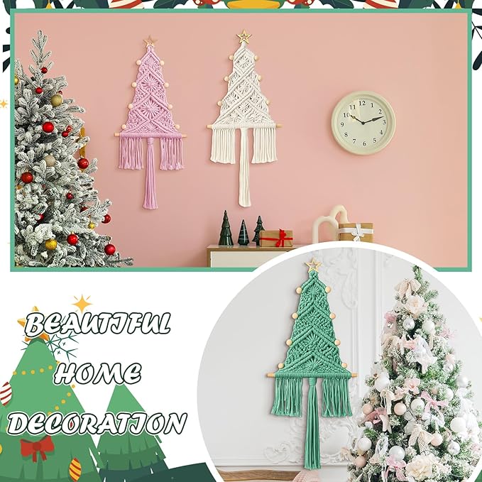 HunnmingRe 3 Pcs Large Macrame Christmas Tree Macrame Christmas Wall Decoration Hanging Ornaments Boho Wall Decor for Party Supplies (Pastel)