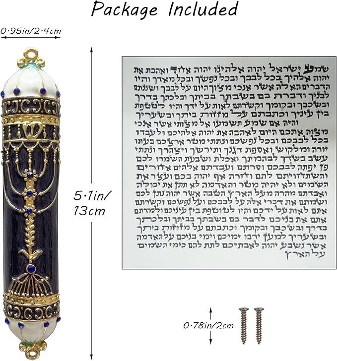 Mezuzah, Exquisite Black and Gold Enamel Mezuzah with Blue Crystal Accent