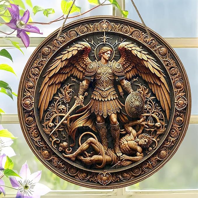 St. Michael San Miguel Arcangel Wall Pediments Home Decor Door Sign Plaques Hanging Pendant Decorations Batter Guard Angel Christian Religious Ornaments (A)