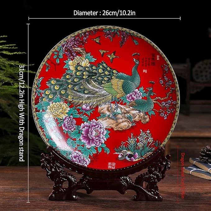 LIYAOLI Decorative Plates for Display - Handmade Chinese Classical Red Peacock & Peony Porcelain Plates for Living Room, Dining Table, Shelf Decor (2025 Art Collection)