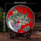 LIYAOLI Decorative Plates for Display - Handmade Chinese Classical Red Peacock & Peony Porcelain Plates for Living Room, Dining Table, Shelf Decor (2025 Art Collection)