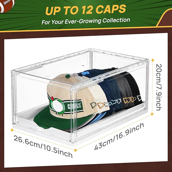Vtopmart 6 Pack Hat Organizer for Baseball Caps, Clear Hats Holder Box with Drawer, Large Cap Storage with Sliding Tray, Stackable Rack Display Case with Magnetic Door, Each Holds 12 Hats