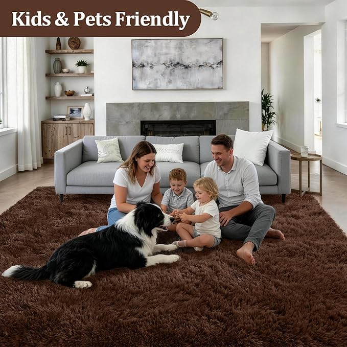 6x9 Area Rugs for Living Room Bedroom: Ultra Soft Fluffy Shag Rug Upgrade Non-Slip Non-Shedding Large Fuzzy Plush Carpet Indoor Floor Carpets for Kids Room Playroom Nursery Dorms Home Decor Brown