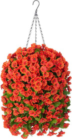 Artificial Faux Hanging Flowers Basket for Fall Outdoor Porch Decor, Fake Silk Colorful Morning Glory Eucalyptus in Planter UV Resistant Look Real for Home Balcony Yard(Orange)