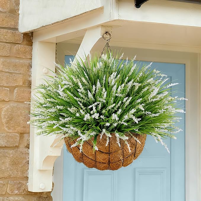 Ivydale Artificial Plants Fake Flowers Monkey Grass for Outdoors,UV Resistant Realistic 20PCS White Faux Greenery Shrubs Outside Decor for Home Garland Porch Patio Balcony Planter Yard Office Pathway