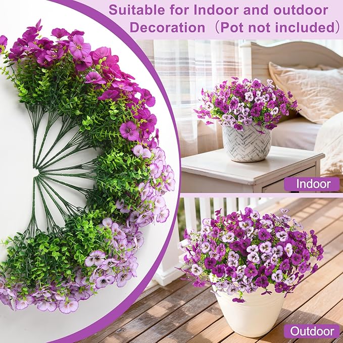Artificial Fake Pansy Flowers for Outdoor, 12 Pcs Faux Silk Pansies Flower for Spring Summer Decoration, UV Resistant Fake Plants for Outside Planter Porch Yard Patio Home Decor(Gradient Purple Red)