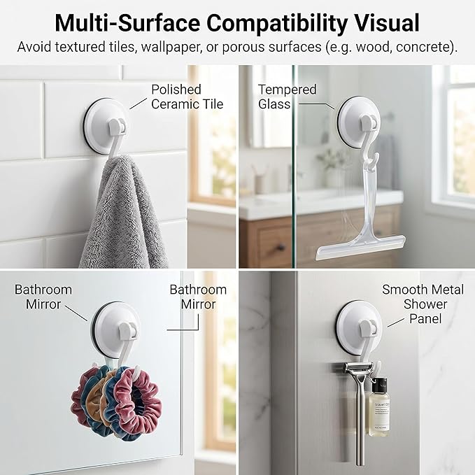 Powerful Suction Cup Hooks, 2-Pack Vacuum Wreath Hanger for Glass Door & Window, 20 lbs Large Waterproof Towel Hooks for Bathroom Shower, Removable No-Drill Utility Hooks, Cream
