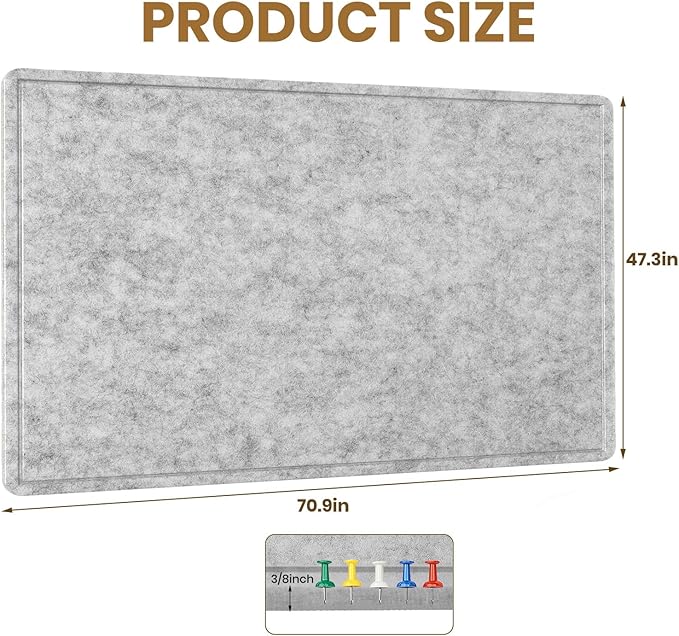 Large Bulletin Board, 72 X 48 inches Cork Board with 30 Pushpin, 6' x 4' Felt Cork Board Notice Pin Board, Self-Adhesive Vision Board Mood Board Foldable Photo Board for Wall - Silver Gray