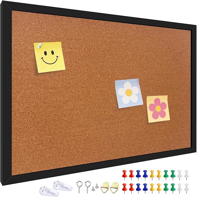 24" x 36" Cork Board Bulletin Board, Black Framed Corkboard, Oak Frame, Decorative Hanging Pin Board, Perfect for Office & Home Decor, Home School Message Board or Vision Board