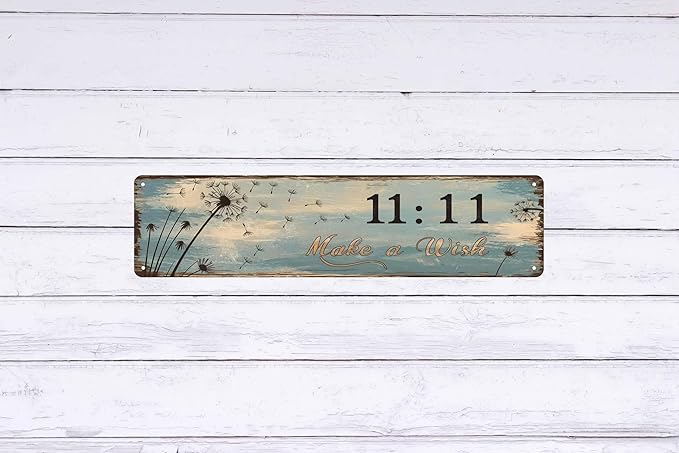 Vintage 11:11 Make A Wish Decorative Sign 4x16 in Plaque with Dandelion Motif for Home Porch Garage for Indoor/Outdoor Décor and Gifts