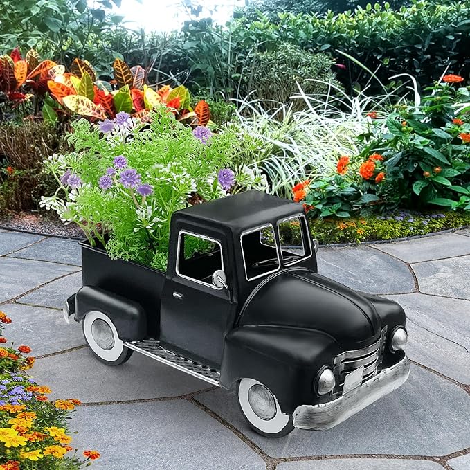 Farmhouse Black Truck Decor, Metal Pickup Farm Trucks Planter, Vintage Truck Christmas Decoration,Decorative Tabletop Storage