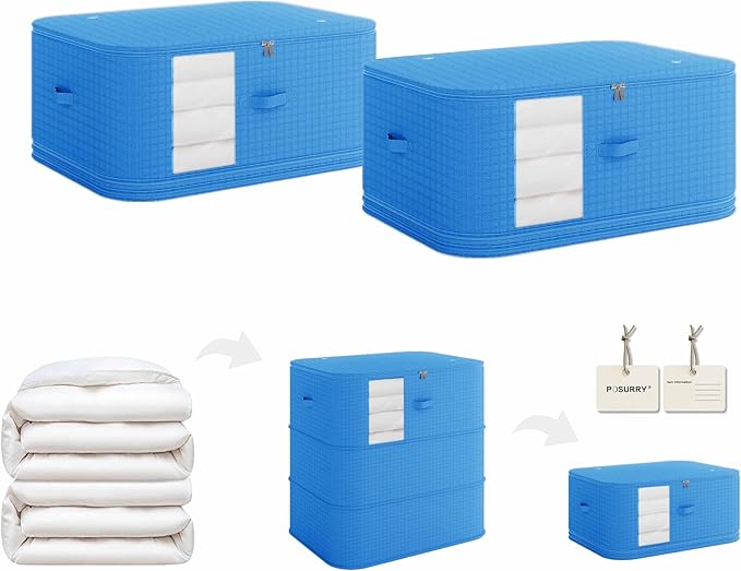 3-Layer Compressible with Zippers Blanket & Comforter Storage Bag,Ultra Space Saving Self Compression Organizer，Save 50% Space, 2 PCS，Blue