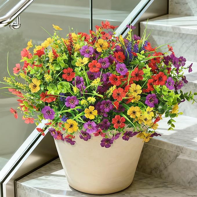 Artificial Flowers for Outdoors, 14 Bundles Multicolor Silk Fake Flower for Spring Summer Decoration, UV Resistant No Fade Artificial Outdoor Plants for Home Planter Porch Patio Yard Decor