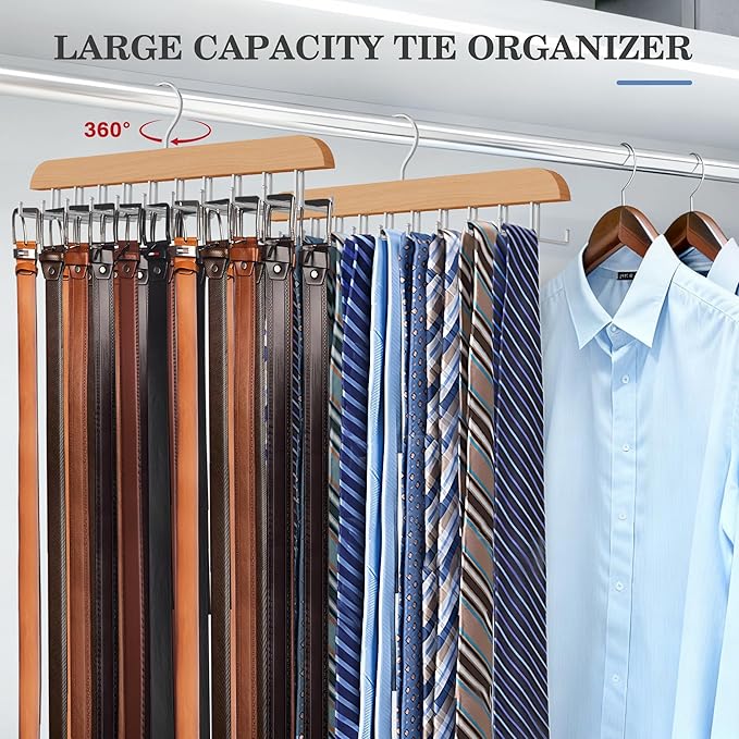 Tie Rack Hanger for Closet 20 Foldable Hooks, 1 Pack Wooden Non Slip Large Capacity Space Saving Tie and Belt Organizer with 360°Rotating Hooks for Tank Tops Bras Scarves Hat