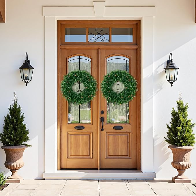 U'Artlines 17" Spring Summer Wreath for Door Green Boxwood Wreath Greenery Hanging Garland for Home Wedding Wall Window Decoration Green＆Brown