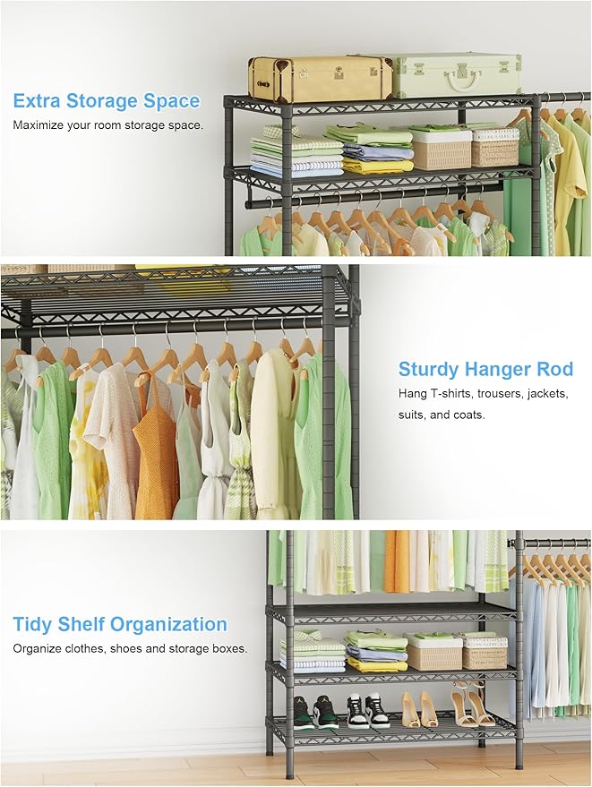 Ulif E11 Heavy-Duty Garment Rack, Metal Freestanding Clothes Rack and Closet Storage Organizer System with 8 Shelves and 4 Hanger Rods, (73.2-97.6)" W x 14.5" D x 71.2" H, Load 1034 LBS, Black