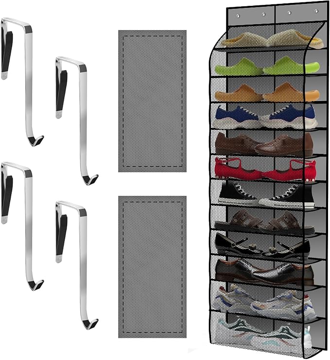 Over The Door Shoe Organizer with 12 Large Breathable Pockets - Durable Hanging Storage for the Entire Family's Shoes (Gray)