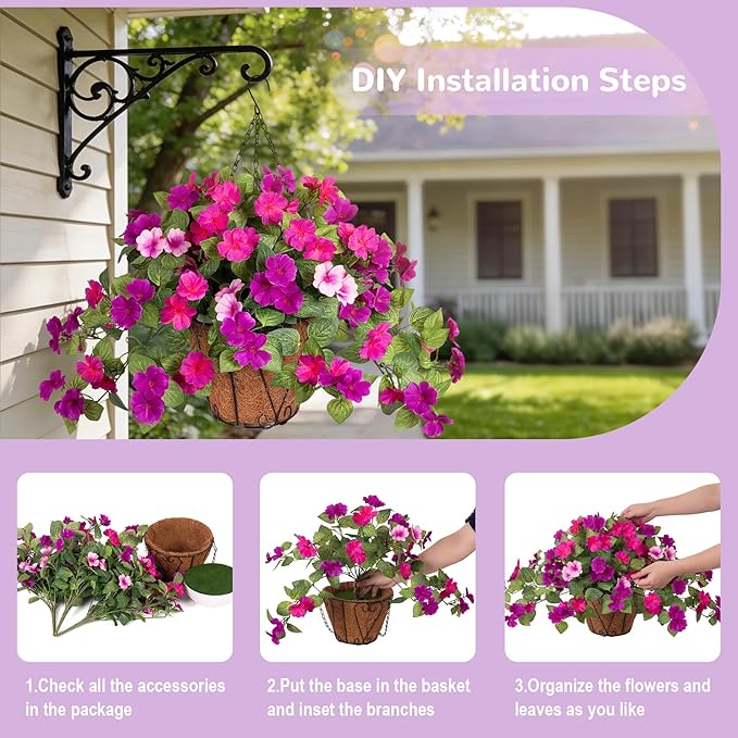 3 Bundles Artificial Fake Flowers for Outdoors with Hanging Baskets Faux Hanging Flowers Plants for Outdoor Planters UV Resistant Silk Flowers for Outside Spring Home Front Porch Garden Décor