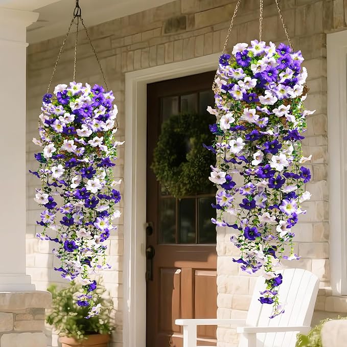 Waipfaru Artificial Petunias Flowers for Outdoors, 4 Pcs UV Resistant Fake Hanging Plants Spring Outside Decor, Faux Silk Flowers Long Trailing Vines for Outdoor Planters Porch Garden (Purple White)