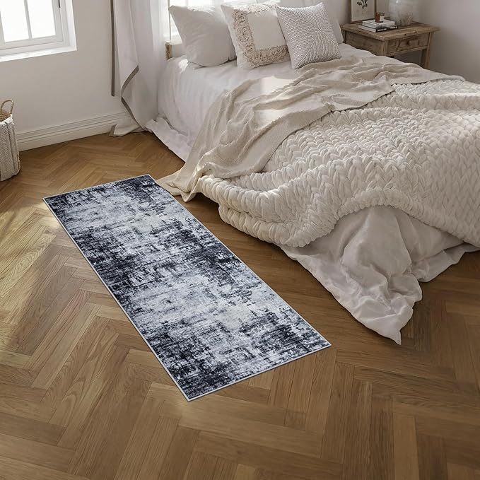 2'x5'Runner Rug Washable Rug: Modern Abstract Soft Thin Runner Rug Dark Black
