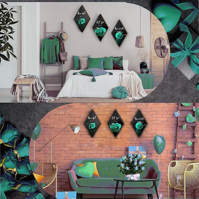 3 Pcs Teal Wall Decor Teal Rose Bathroom Decor Farmhouse Turquoise Bathroom Inspirational Wood Office Wall Art with Accept Let Go Have Faith Sign for Girl Women Living Room Bedroom(12x7 Inch)