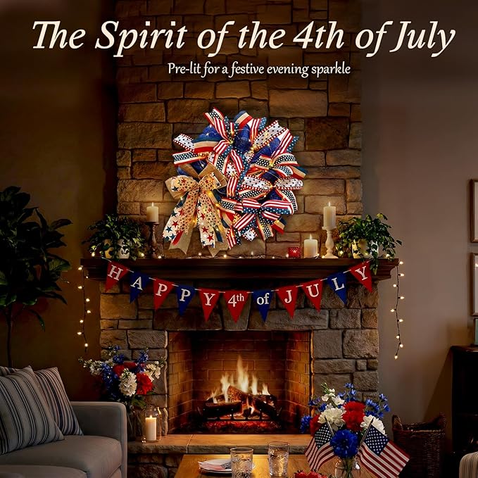250th Anniversary Patriotic Wreaths for Front Door, 24 Inch Large Full Layered & Pre-Lit Design 4th of July Decorations with Burlap Bow, Red White and Blue Ribbon Wreath for Memorial Day