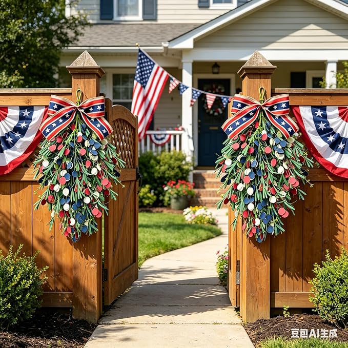 2 Pack 20'' Patriotic Swag Wreaths for Cabinets Artificial 4th of July Teardrop Wreath with Red White Blue Circular and Green Leaves for Independence Day Memorial Day Front Door Porch Window Wall