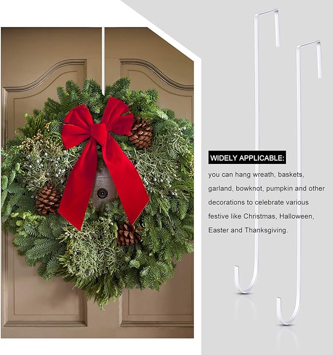 Hotop 15 Inch 4 Pcs Wreath Hangers for Front Door Steel Metal Wreath Doors Hook Over the Door Hanger Indoor or Outdoor for Christmas Halloween Front Decorations Welcome Sign (White)