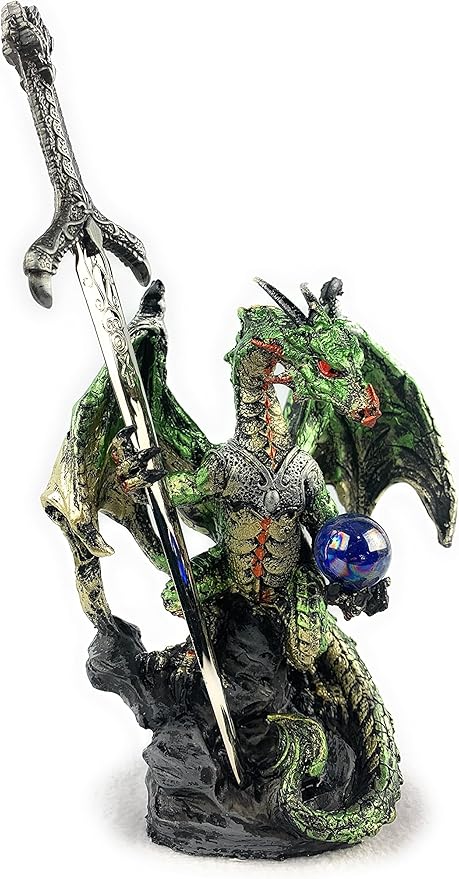 Ain't It Nice Medieval Dragon Statue with Sword and Crystal Ball - Collectible Fantasy Figurine Decor, Green 4(L) 2(W) 7(H) Inches