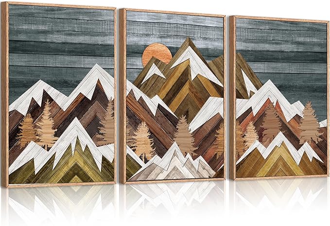 BINCUE Extra Large Mountain Wall Art Farmhouse Mountain Wall Decor Large Landscape Artwork 24x36 Inches Set of 3 Framed Rustic Painting Boho Mountains Artwork for Living Room Bedroom Office Farmhouse