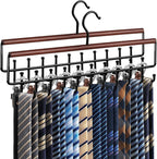 2PCS Tie Rack Hanger for Closet Upgraded 2-in-1 Tie and Belt Hanger Non Slip Tie Rack with 20 Hooks Tie Hanger Space Saving Wooden Belt Tie Organizer for Tank Tops Bras Cami Scarves, Walnut Color