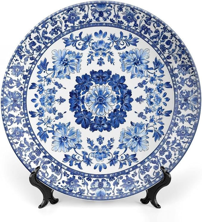 Porcelain Ceramic Decorative Plate, Blue Decorative Dish with Stand, Blue and White Pottery Bone China Decorative Plates Art Porcelain Plate for Living Room Hallway Table Decor