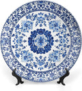 Porcelain Ceramic Decorative Plate, Blue Decorative Dish with Stand, Blue and White Pottery Bone China Decorative Plates Art Porcelain Plate for Living Room Hallway Table Decor