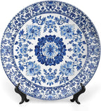 Porcelain Ceramic Decorative Plate, Blue Decorative Dish with Stand, Blue and White Pottery Bone China Decorative Plates Art Porcelain Plate for Living Room Hallway Table Decor