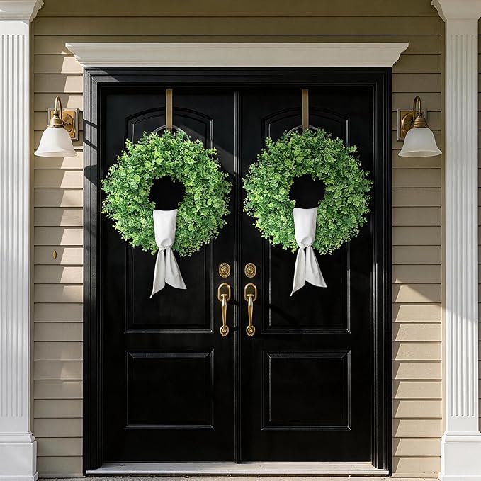 26" Artificial Eucalyptus Wreath with Sash for Front Door, Porch, Window - Large Faux Eucalyptus Leaves Greenery Outdoor Wreath for Home, Farmhouse Decor - Spring, Summer, All Seasons (Green)
